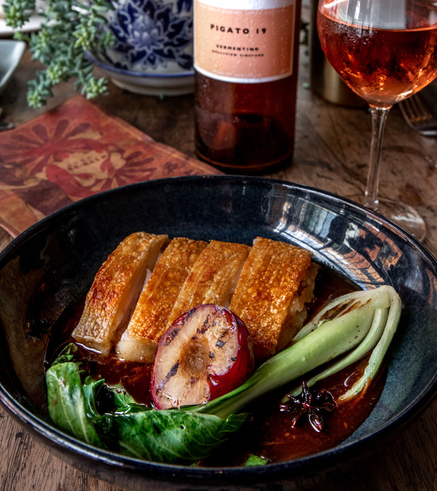 Crispy free range pork belly with plum, miso & black vinegar sauce GF Cooking school and