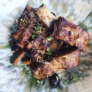 Korean glazed pork ribs marinated in nashi pear with red dates and sansho pepper