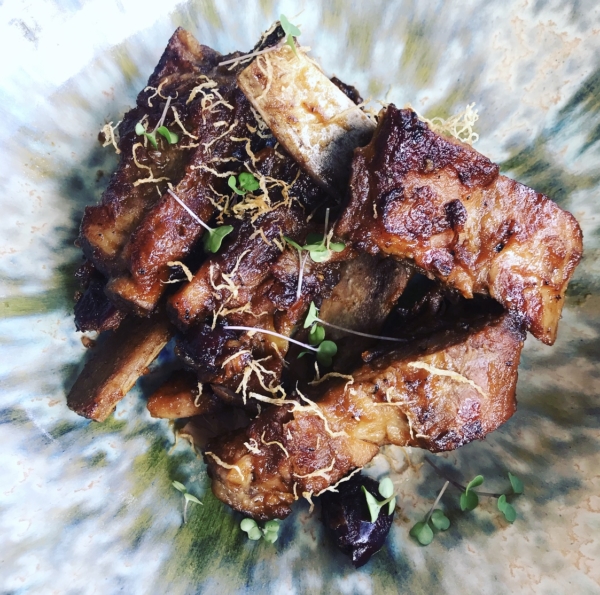 Korean glazed pork ribs marinated in nashi pear with red dates and sansho pepper