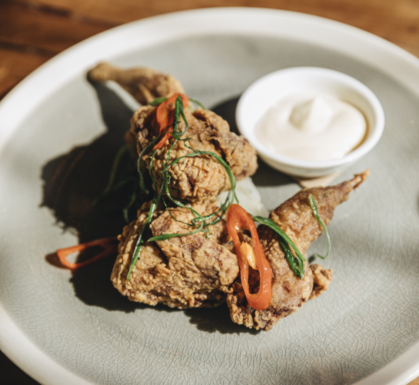 Salt and pepper quail with pickled fennel, sesame mayo