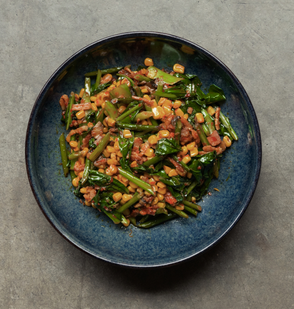 Stir fry of corn, oyster mushroom and Chinese greens, yellow bean sauce & chilli oil(vegan)