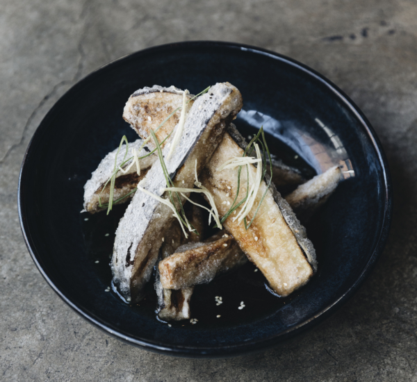 Agedashi Eggplant in mushroom broth with fresh ginger, sesame & wasabi oil GF