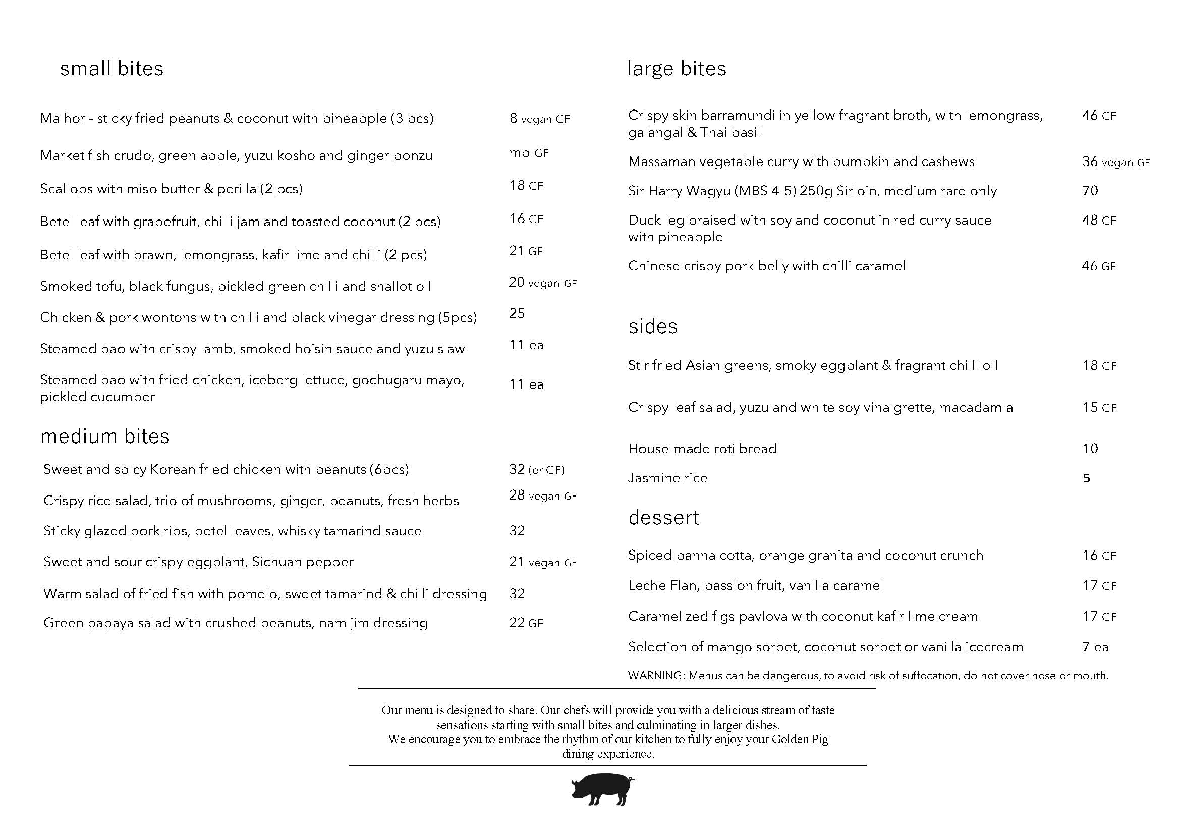 A la cart menu March 26